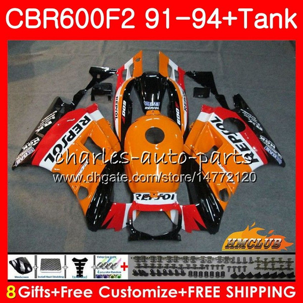 Body +Tank For HONDA CBR 600F2 CBR600FS CBR 600 FS F2 91 92 93 94 40HC.0 600CC CBR600 F2 CBR600F2 1991 1992 1993 1994 Fairing Repsol orange