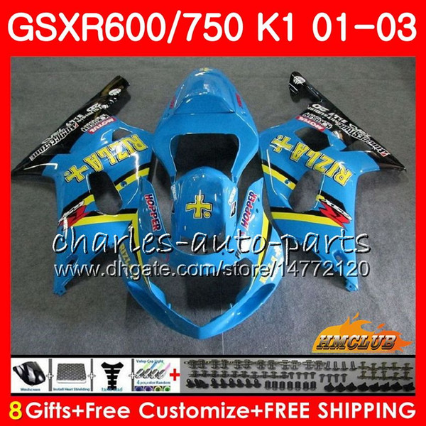 8Gifts Body For SUZUKI RIZLA cyan hot GSXR 600 750 GSXR600 2001 2002 2003 4HC.36 GSX R750 GSXR-600 GSX-R750 K1 GSXR750 01 02 03 Fairing kit