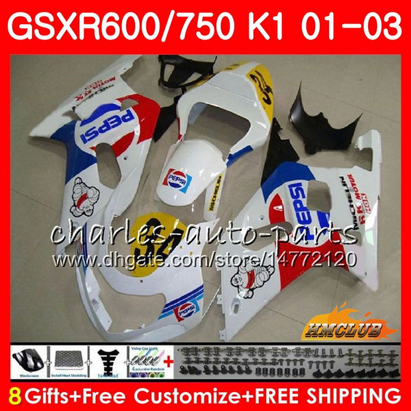 8Gifts stock white hot Body For SUZUKI GSX-R750 GSXR 600 750 GSXR600 01 02 03 4HC.46 GSXR-600 K1 GSX R750 GSXR750 2001 2002 2003 Fairing kit