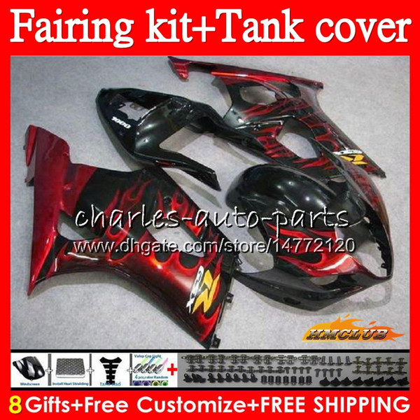 Body +Tank For SUZUKI GSXR-1000 GSX-R1000 GSXR1000 03 04 Bodywork 87HC.45 GSX R1000 K3 03 red flames new GSXR 1000 2003 2004 OEM Fairing kit