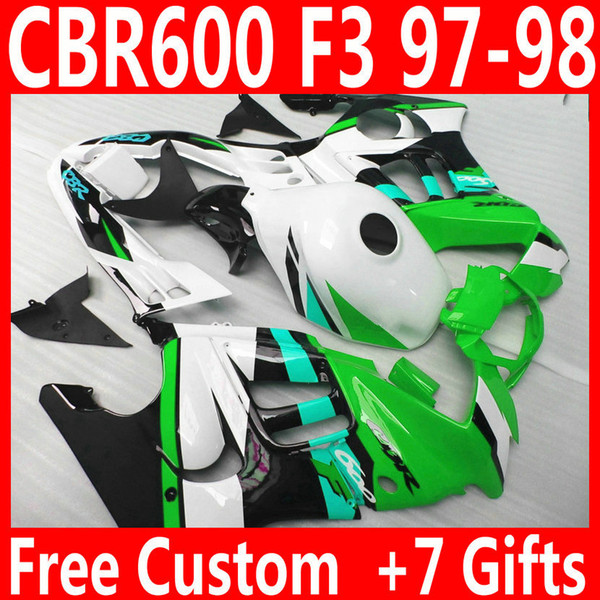 Top quality fairings set for HONDA CBR600 F3 1997 1998 green black white bodywork CBR 600 97 98 custom fairing kit QY88