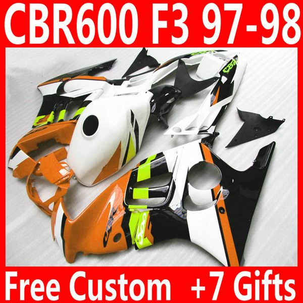 Full fit for HONDA F3 fairings CBR600 1997 1998 CBR 600 97 98 yellow white black fairing body kit QY90