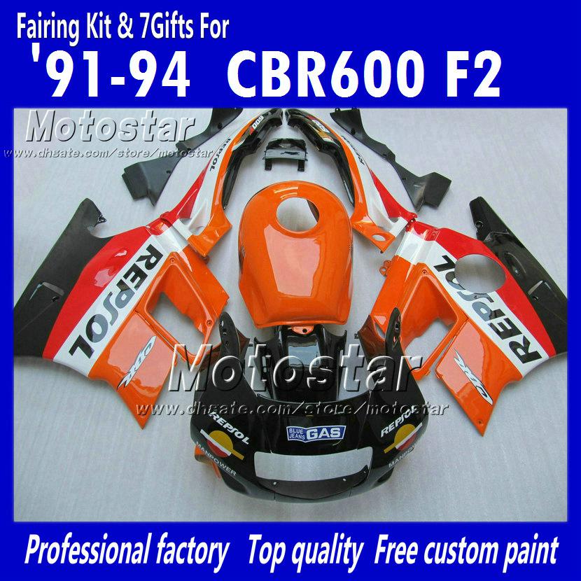 Motocycle fairings for HONDA CBR600 F2 91 92 93 94 CBR600F2 1991 1992 1993 1994 CBR 600 orange black Repsol custom fairings UU29