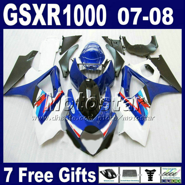 ABS fairing kit for SUZUKI 2007 2008 GSX-R1000 k7 fairings GSXR1000 07 GSXR 1000 08 blue whte black motobike set FD24 + Seat cowl