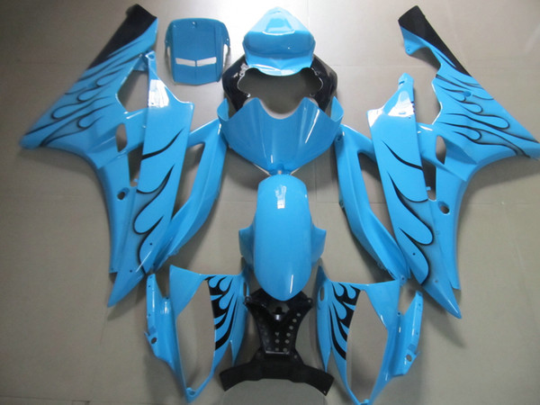 Injection molded fit for Yamaha YZF R6 2006 2007 black flames blue fairings set YZFR6 06 07 OT23