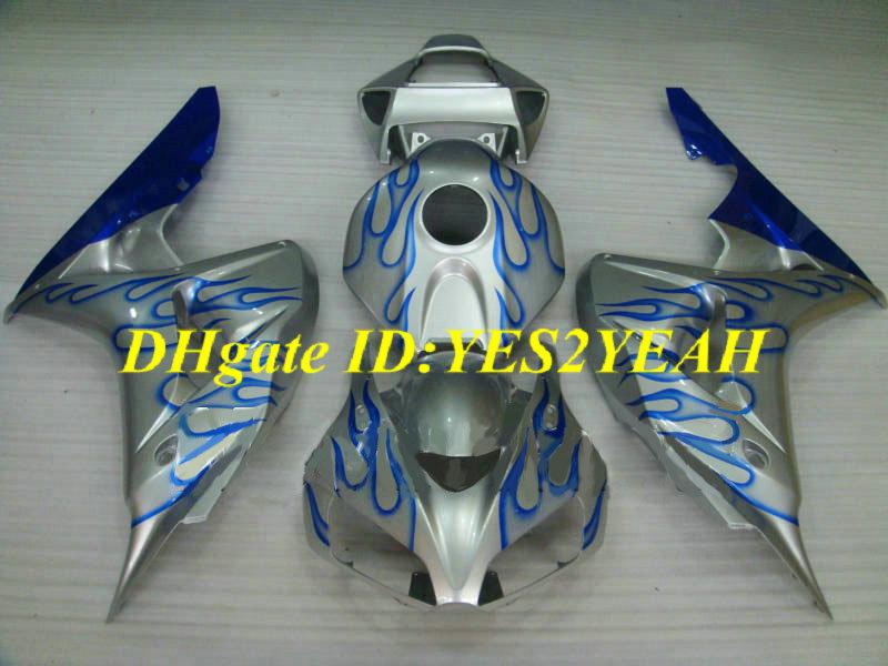 Exclusive Motorcycle Fairing kit for Honda CBR1000RR 06 07 CBR 1000RR 2006 2007 CBR1000 ABS Blue flames silver Fairings set+Gifts HH39