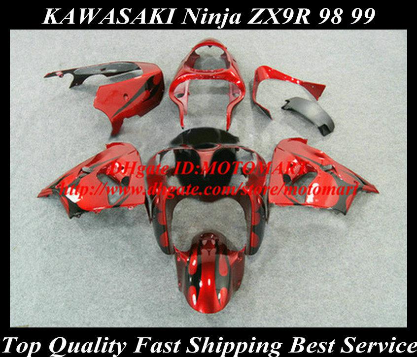 Fairing for KAWASAKI Ninja ZX9R 98 99 ZX-9R 1998 1999 ZX 9R 98 99 1998 1999 Black flames red Fairings set