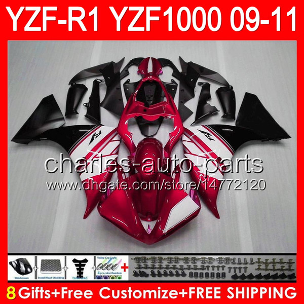 8gifts Body For YAMAHA YZFR1 09 10 11 YZF-R1 09-11 glossy red 95NO55 YZF 1000 YZF R 1 YZF1000 YZF R1 2009 2010 2011 TOP red black Fairing