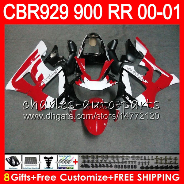 Body For HONDA CBR 929RR CBR900RR CBR929RR 00 01 CBR 900RR TOP Red white 67NO15 CBR929 RR CBR900 RR CBR 929 RR 2000 2001 Fairing kit 8Gifts