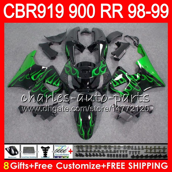 Green flames Body For HONDA CBR 919RR CBR900RR CBR919RR 1998 1999 68NO27 CBR 900RR CBR919 RR CBR900 RR CBR 919 RR 98 99 Fairing kit 8Gifts