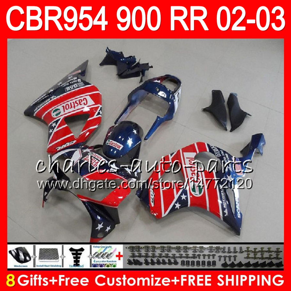 Body For HONDA CBR 954RR CBR900RR CBR954RR 2002 2003 66NO37 CBR 900RR Castrol red CBR954 RR CBR900 RR CBR 954 RR 02 03 Fairing kit 8Gifts