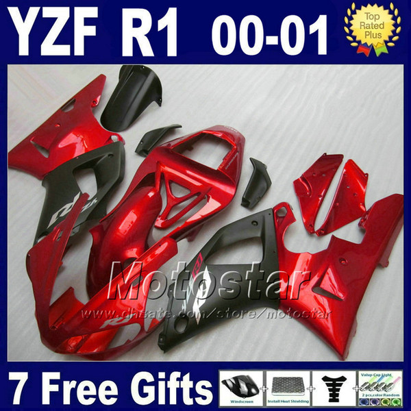 Red flat black fairings for YAMAHA YZF R1 00 01 fairing kits 2000 2001 YZFR1 yzf1000 A12B good quality parts kit + 7 gifts