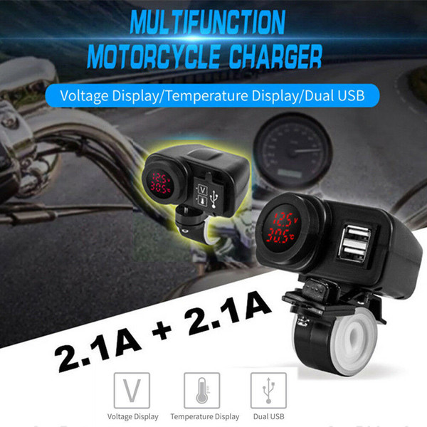 Red LEDMotorcycle USB Charger 2.1A+2.1A w/ Digital Voltmeter + ThermometerAU