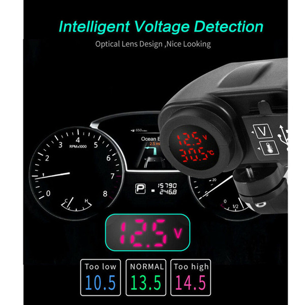 Universal locomotive red LED voltmeter + thermometer 12V motorcycle USB charger 2.1A + 2.1A with digitall