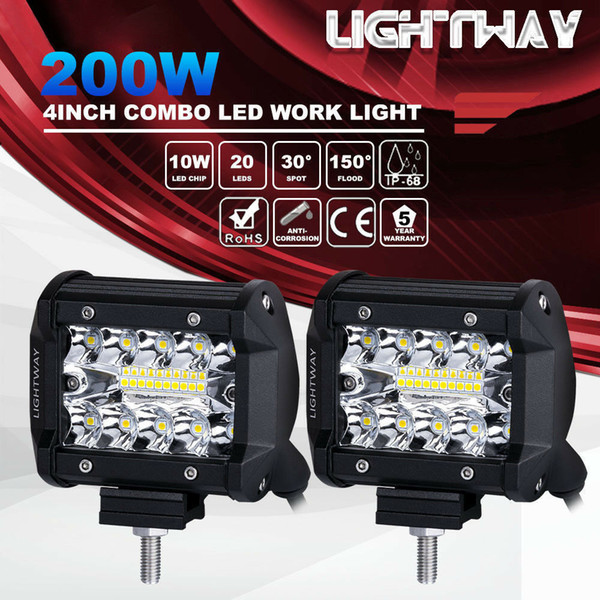 2pcs 4inch 200W CREE LED Work Light Bar Pods Flush Mount Combo Driving Lamp 12V 6000K 20000LM For Driving Offroad Boat Car