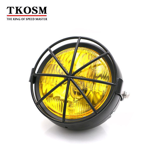 TKOSM Motorcycle Black Metal Retro Grill Mask + 12V Hi/Low Bean Blub Yellow Lens Front Headlight For Honda CB100 CB125S CL GN125 CG125