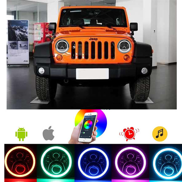 2PC/Pair H4 7 Inch RGB 60W Round LED Car Light Souce Angel Eyes Halo Ring Bluetooth Auto Headlight Kit For Jeep Wrangler JK CJ DC 10-30