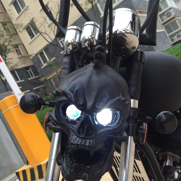 Universal Motorcycle skull headlight WITH LIGHT IN EYES Resin Black