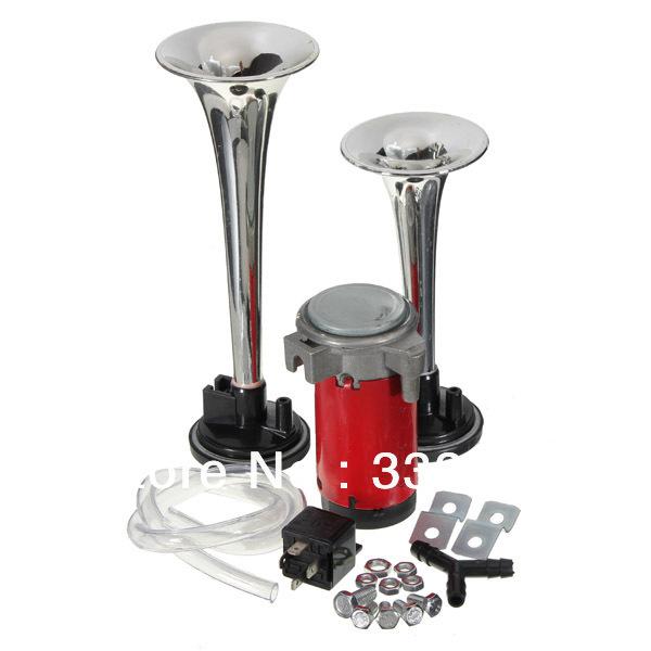 Chrome Loud 12V 135dbTwin Trumpet Air Horn & Compressor Set Kit Car Boat Truck Van Free shipping