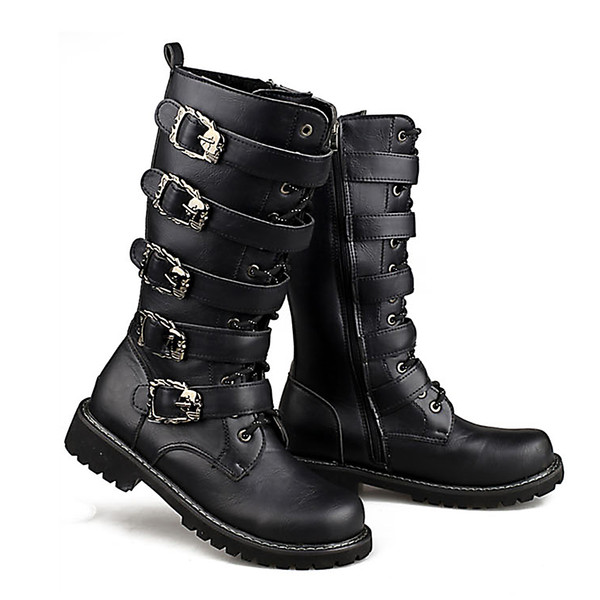 Motorcycle Boots Punk Martin Boots Black PU Leather Rock Steampunk Motorbike Mid-calf Metal Buckle Shoes for Men