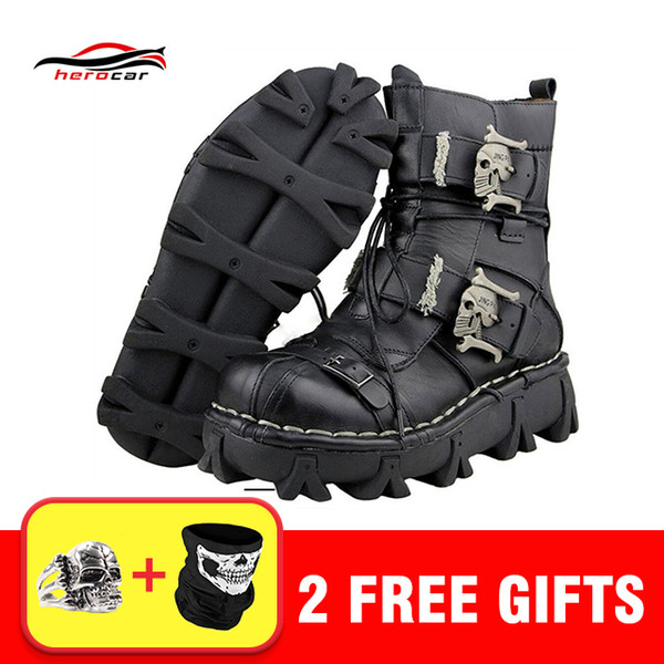 Motorcycle Boots Men Biker Boots Retro Genuine Cow Leather Skull Punk Martin Shoes Motorbike Moto Protective Gear EU 38-49