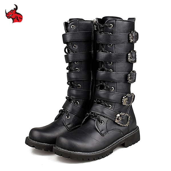 Motorcycle Boots Men Motocross Boots Motorcycle Shoes PU Leather Rock Mid-calf Buckle Motorbike Punk Martin Black