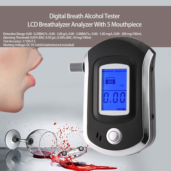 Professional 100% Digital Breath Alcohol Tester Breathalyzer with LCD Display with 11 Mouthpieces AT6000 Hot Selling Dropship