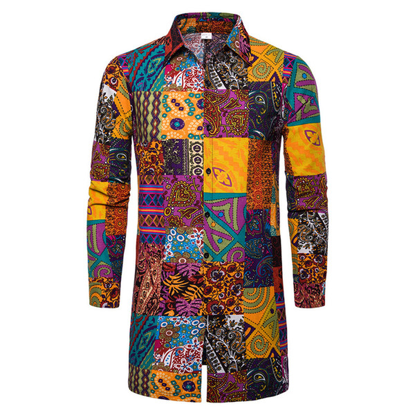 Fall 2022men's wear: afro casual fashion cotton linen shirt with long length single breasted square collar printed long sleeve