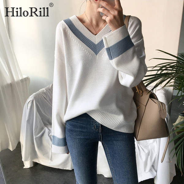 V-neck Women Sweater Casual Autumn Winter Long Sleeve Patchwork Knitted Pullover Minimalist Clothing Korean Style Office Jumper