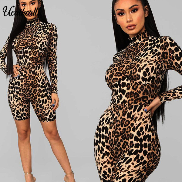 New Arrival Leopard Print Romper Jumpsuits Autumn Turtleneck Long Sleeve Skinny Female Fashion Street Bodysuit