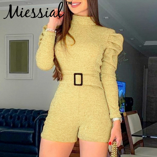 Miessial Knitted yellow bodycon jumpsuit Female long sleeve belt elegant rompers Women autumn winter sexy club playsuit overalls