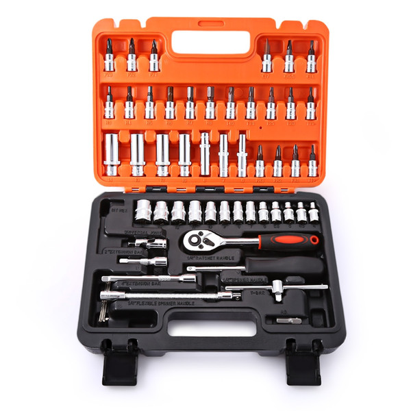 53pcs Auto Car Repair Tool Box Set Ratchet Wrench Sleeve Universal Joint Hardware Kit