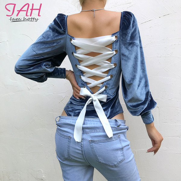 IAMHOTTY High Street Lace-Up Backless Body Sexy Square Neck Puff Long Sleeve Bodysuit Blue Velvet Elegant Autumn Short Jumpsuit