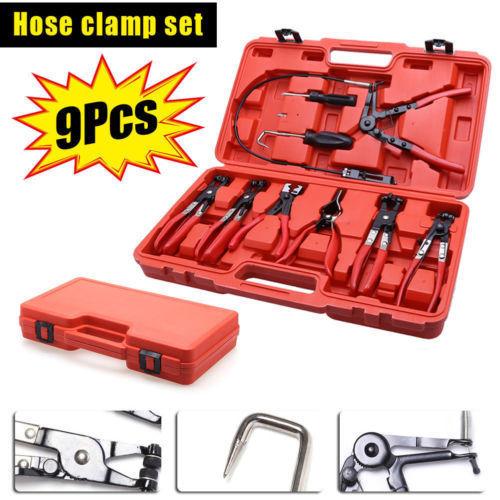 9PC Hose Clamp Clip Plier Set Swivel Jaw Flat Angled Band Automotive Tool Set Universal Set