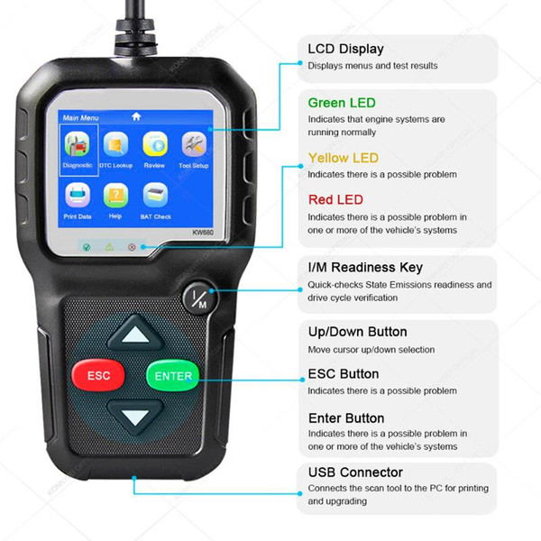 KONNWEI KW680 OBDII / EOBD Scanner Car Code Reader 8 Languages Clear Code Analyze Vehicle Data Diagnostic Tool