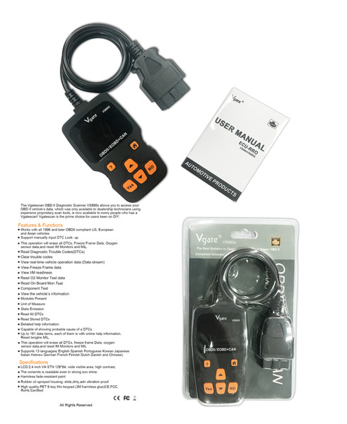 Vgate VS890S Mini VS890 OBD2 EOBD CAN OBD II DTC Look-Up Multi-Language LCD 2.4 Inch Display