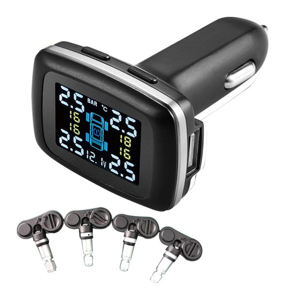 Diy TPMS,Cigarette Lighter Wireless LCD Display Digital Tire Pressure Monitoring System,Tpms System with 4 Internal Sensors for Home Motor