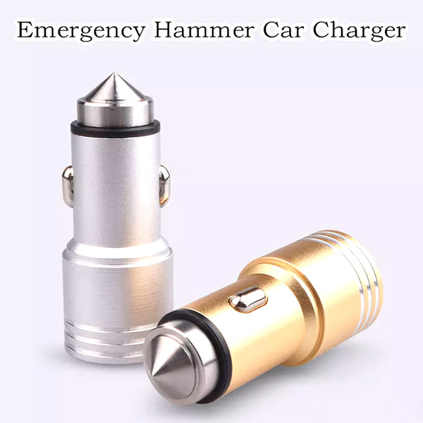 Emergency Safety Hammer Style Aluminum Alloy Metal Dual Port USB DC Car Charger For iphone 6 7 Android Phones 4 Colors