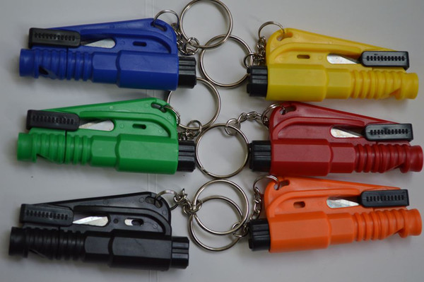 100PCS Mini Safety Hammer Emergency 3 In 1 SOS Whistle Seat Belt Cutter Window Break Escape Window Glass Breaker Keychain Whistle Knife