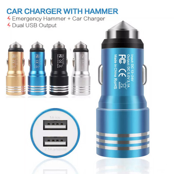 Alloy Emergency Hammer 3.1A 2-port USB Bullet Car Metal Charger for Phone iphone6/6s Galaxy S6 S7