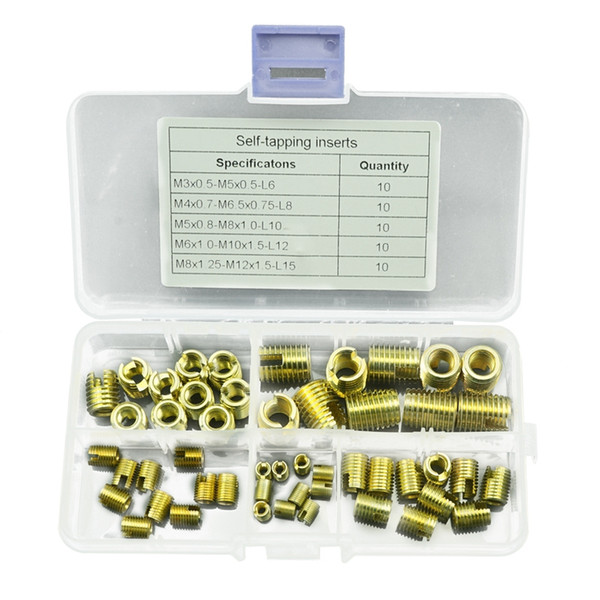 New Thread Insert-50Pcs Brass Tone Self Tapping Thread Slotted Inserts Combination Set Repair Tool