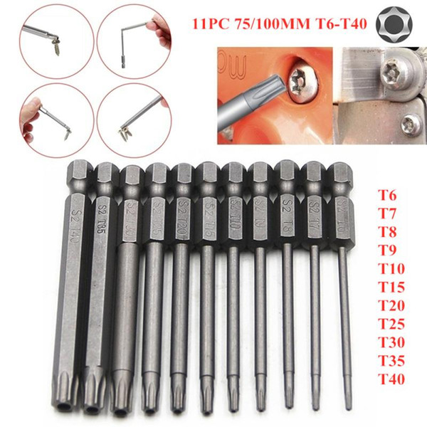 Long 75 / 100MM Hollow Torx Screwdriver Bits 11 Sets Hexagon Handle Bits Electric T6-T40 Screwdriver Tool Set