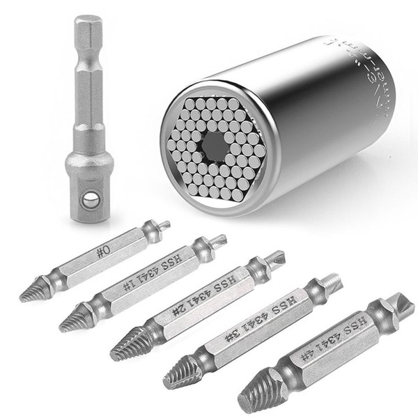 ELEG-Universal Socket Damaged Screw Extractor Set, Multi-function 7mm-19mm Universal Socket Adapter Wrench with 5 Pcs Damaged Sc