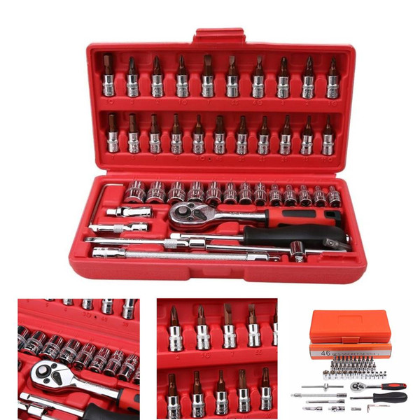 46Pcs 1/4-Inch Socket Set Car Repair Tool Ratchet Torque Wrench Combo Tools Kit Auto Repairing Chrome Plated Car Repairing Tool