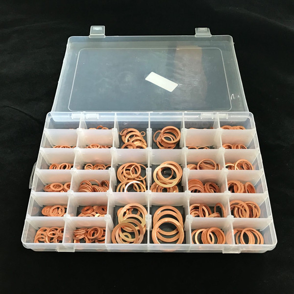 568pcs/set Flat Washers 30 Sizes Metric Red Copper Ring Seal Gaskets Assortment Set Kit With Box