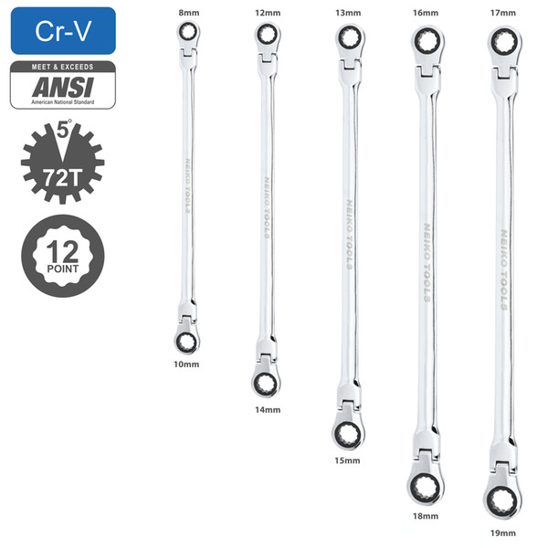 Double Box End Ratcheting Wrench | 5pc Metric Universal Spline XL Flexible Head