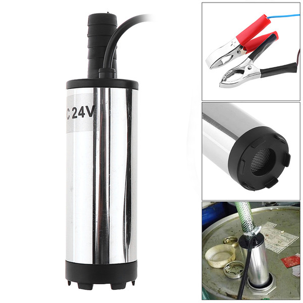 DC 24V 38MM Portable Stainless Steel Car Electric Submersible Pump Fuel Water Oil Barrel Pump with 2 Alligator Clips FSS_105