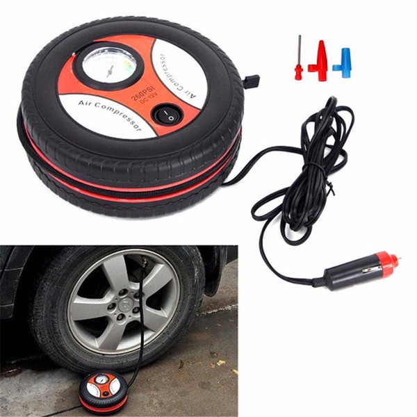 Car Mini Inflatable Pump 260PSI DC12V Metal Plastic Electric Air Compressor Monitor Pump with 3 Nozzle Adapters