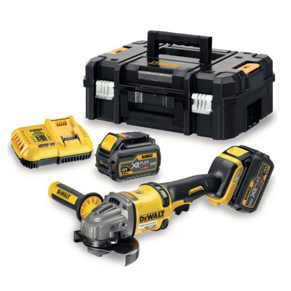 NEW Dewalt DCG414T2 Cordless Brushless Grinder XR Flexvolt 54V 125mm / 220V Charger Two position side handle offers greater comfort and cont