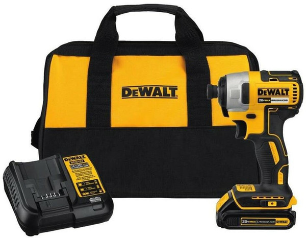 DEWALT 20-V Cordless Brushless 1/4 in. Impact Driver Kit 1.3 Ah Charger Tool Bag